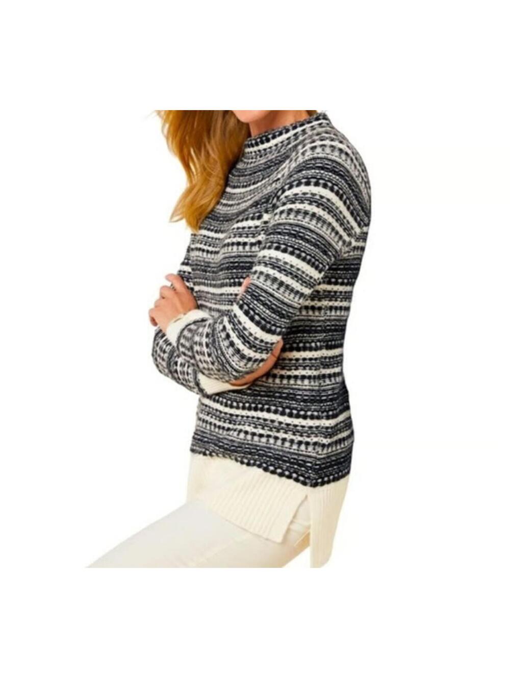 Talbots Womens Large Bicolor Fair Isle Mockneck Sweater Black White Long Sleeve
